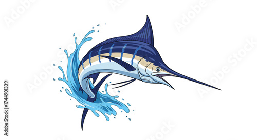 A majestic blue marlin leaps from the ocean water in a spectacular display of power and grace.