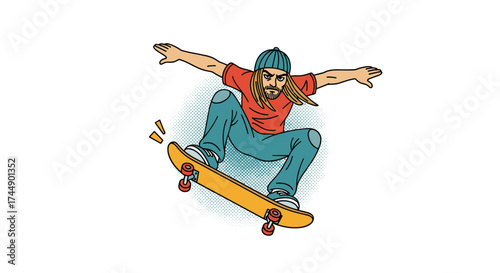 A man wearing a beanie and t-shirt jumps on a skateboard in the air.