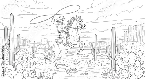 A cowboy skillfully twirls a lasso in a vast desert landscape with saguaro cacti.