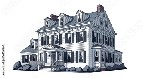 A majestic colonial-style house with shutters and dormer windows.