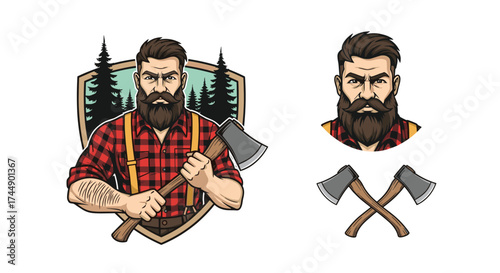 Rugged lumberjack with axes illustration symbolizing strength and the outdoors.