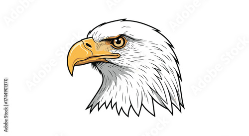 An artistic rendering of a bald eagle head in profile showcasing its sharp beak and piercing eyes.