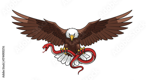 The powerful eagle grasps the slithering snake in its talons signifying triumph and dominance.