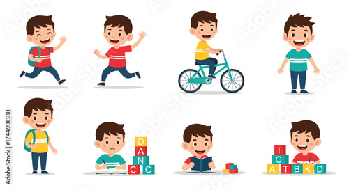 A cheerful young boy enjoying various childhood activities outdoors and indoors.