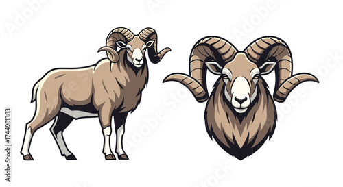Two pixel art representations of a bighorn sheep showing its full body and head.