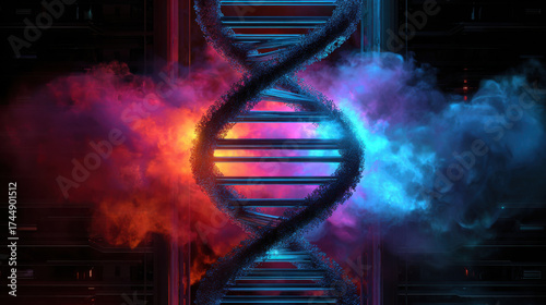 Vibrant dna structure emerges from dynamic database system, showcasing blend of colors and energy that captivates viewer