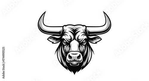 An intimidating black and white illustration of a bull's head with its fierce eyes looking forward.