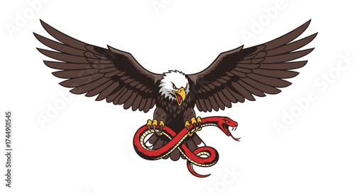 Majestic eagle with outstretched wings battling a coiled red serpent fiercely.