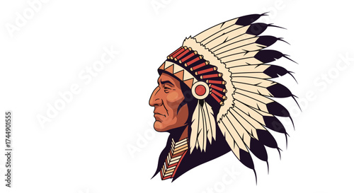 A detailed illustration of a Native American chief wearing a feathered headdress and war paint.