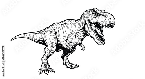 An illustrated prehistoric tyrannosaurus rex roaring with its mouth open wide.