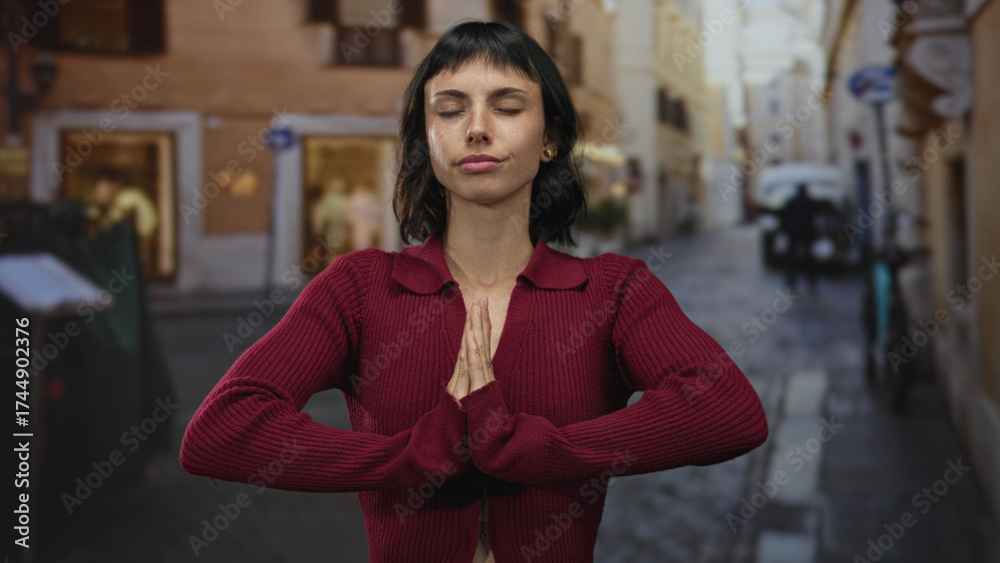 Fototapeta premium Young hispanic woman closes eyes and presses hands together in prayer on narrow city street; serenity.