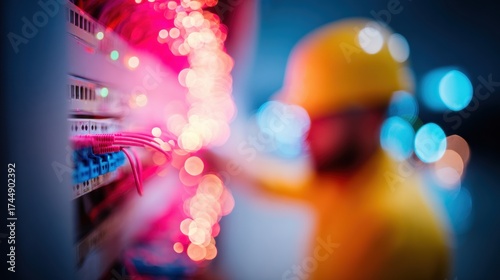 Electrician works on network equipment in a dimly lit environment