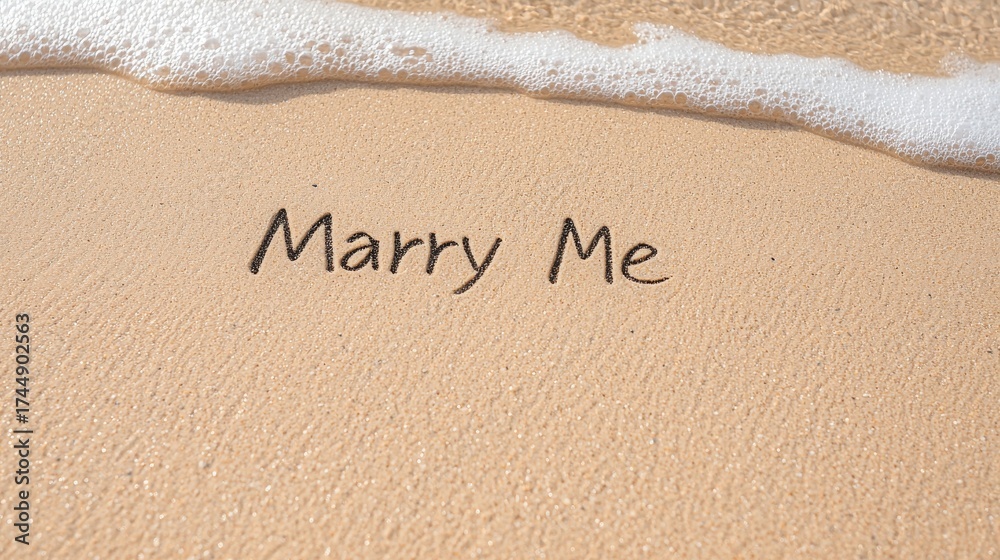 Fototapeta premium Marry me written in the sand with gentle ocean waves approaching.