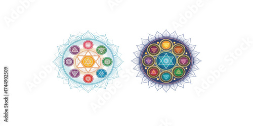 Print  Seven chakra symbols arranged inside a sacred mandala, spiritual aura, glowing energy lines, meditation and yoga design.