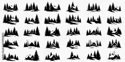 A collection of black silhouette icons featuring rustic cabins and lodges nestled among pine trees in a snowy, winter forest setting.