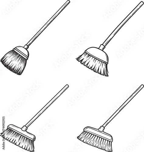 Four broom silhouettes for cleaning and sweeping