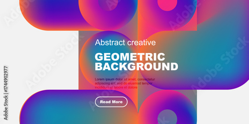Vibrant fluid shapes overlap black space. Text promotes geometric background design, includes read more button. Modern aesthetic.