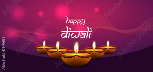 Happy Diwali Festival Background with Glowing Diyas, Radiant Purple Decorative Backdrop, Warm Festive Lights, and Elegant Indian Celebration Greeting Card or Holiday Design