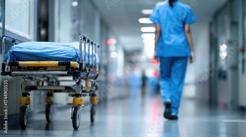 Medical worker walking in hospital corridor beside empty stretcher bed