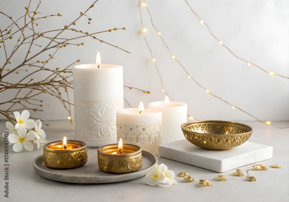 Obraz premium Aesthetic minimalist Diwali setup with a few golden diyas, candles, and fairy lights on a clean white background, perfect for contemporary stock imagery.