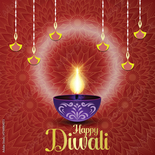 Happy Diwali flyer with Diya and mandala background, can be used in festival invitation, promotion, marketing, greetings, Indian festival of light Diwali poster for your design, easily editable vector