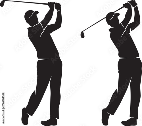 Two golfers swinging clubs silhouette