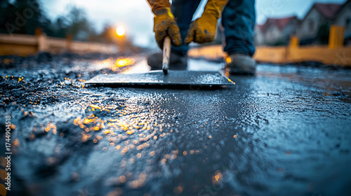 Construction worker finishing pavement in evening light Generative AI