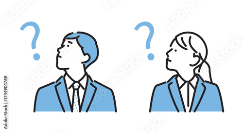 シンプル　イラスト　考え事をする就職活動中の男性と女性