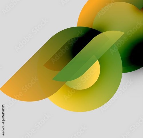 Abstract shapes overlap, creating dynamic composition. Yellows, greens, oranges blend softly against gray background. Modern design element.