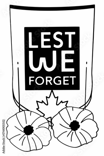 Remembrance Day symbol of two poppy flowers and maple leaf, with text Lest We Forget