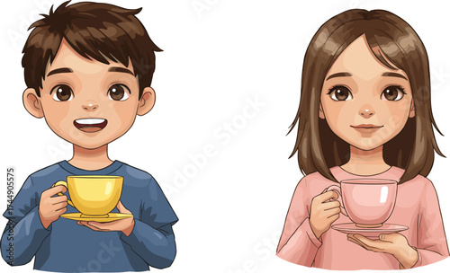 Cartoon children holding teacups, boy with yellow cup and saucer, girl with pink teacup, kids tea party, pretend play, friendship, fun, vector illustration