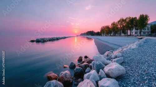 Fototapeta Naklejka Na Ścianę i Meble -  Vibrant Sunset Sky Reflected on Rocky Beach Seascape with Smooth Water in Antalya Turkey with Sun Rays and Trees in Background