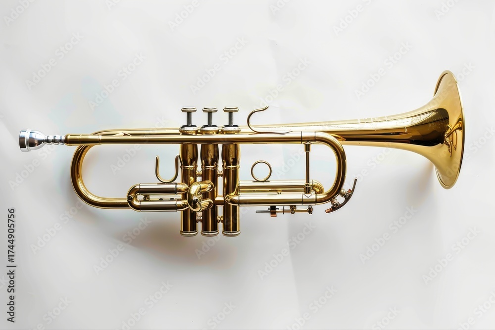 Obraz premium Gleaming Brass Trumpet Classical Music Instrument Studio Shot Orchestral on transparent background