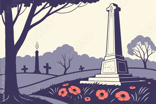 Cemetery illustration with remembrance and memorial