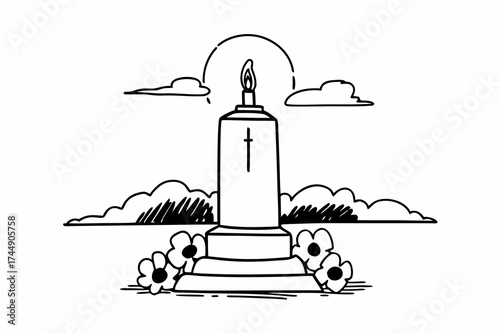 Candle monument with cross, clouds, and flowers drawing illustration