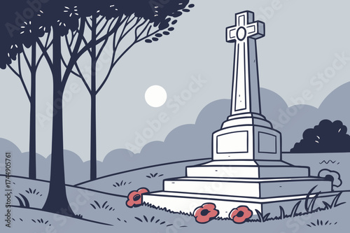 Memorial cross on a war cemetery, remembrance illustration 