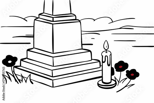 Monochrome illustration of a memorial with a candle and flowers