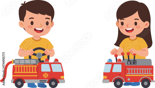 Cartoon children riding toy fire trucks, firefighter kids illustration, boy and girl in uniform, emergency vehicle, playful design, educational artwork