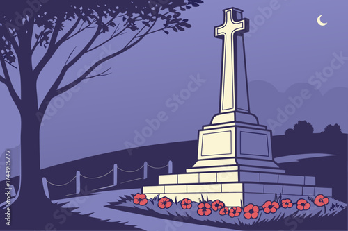 War memorial at night scene with tree and poppy flowers