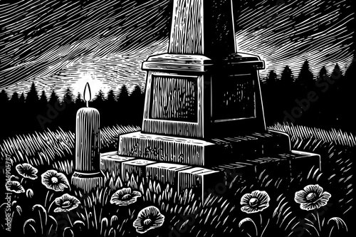 Memorial with candle and floral tribute, illustration style 