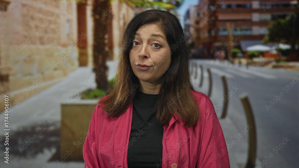 Fototapeta premium Woman in pink jacket raises eyebrow on street by urban buildings and bollards under sunlight; skepticism.