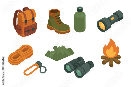Hiking Gear Icons. Hiking Gear set icons in flat vector style. Backpack, boots, water bottle, flashlight, rope, mountain, binoculars, campfire