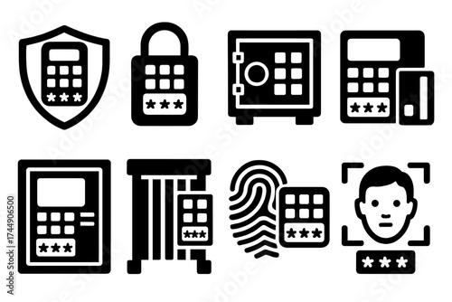 Bold PIN Security Icons. Secure PIN Codes set of icons silhouette. Shield with PIN pad, padlock with PIN entry, vault keypad, card reader with PIN entry, ATM with PIN panel