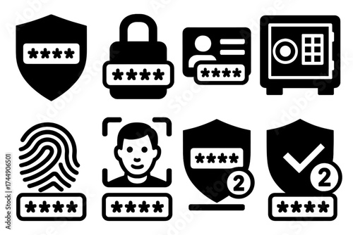 Bold Password Icons. Security Passwords set of icons silhouette. Shield with password dots, padlock with password entry, keycard with password, safe box with password panel, vault