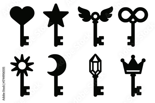 Symbolic Key Icons. Symbolic Keys set of icons silhouette. Heart-shaped key, star-shaped key, key with wings, infinity key, crown-topped key, sun-shaped key, moon-shaped key