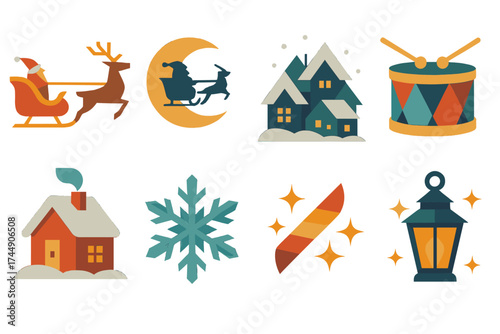 Geometric Christmas Icons. Magical Christmas Eve set of icons in geometric flat vector. Sleigh with reindeer, moon with Santa silhouette, snowy village, wrapped toy drum