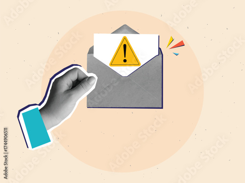 Black and white hand holding opened envelope with a dangerous letter. Concept of spam message. Modern collage style. Vector illustration
