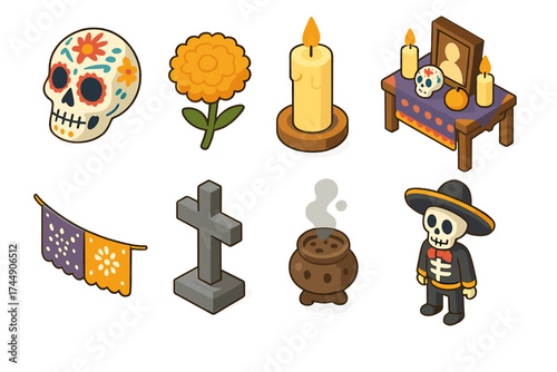 Day of the Dead Icons. Classic Day of the Dead set icons in flat vector style. Sugar skull, marigold flower, lit candle, decorated altar, papel picado banner, cross grave marker