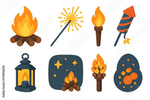 Bonfire Night Icons. Classic Bonfire Night set icons in flat vector style. Bonfire flames, sparkler, firework rocket, torch, candle lantern, night sky with stars, burning woodpile