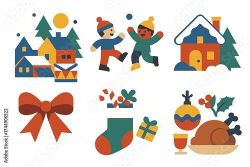 Joyful Christmas Icons. Joyful Christmas Day set of icons in geometric flat vector. Snowy village, children playing, toy drum, snow-covered house, ribbon bow, stocking with treats